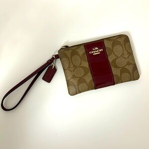 Burgundy Tan Coach Leather Wristlet Wallet with Zip